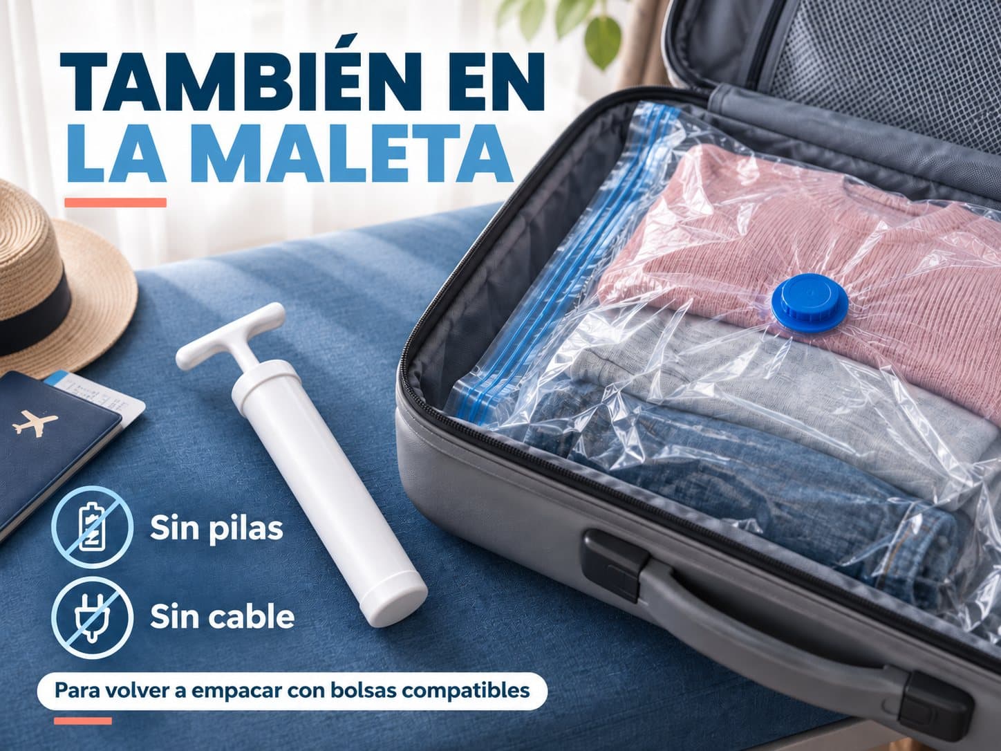 Bomba manual junto a una maleta con ropa en una bolsa de vacío compatible.