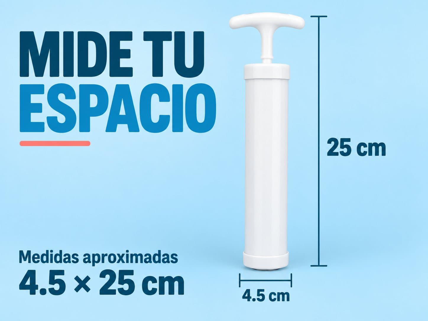 Bomba manual con medidas aproximadas de 4.5 por 25 centímetros.