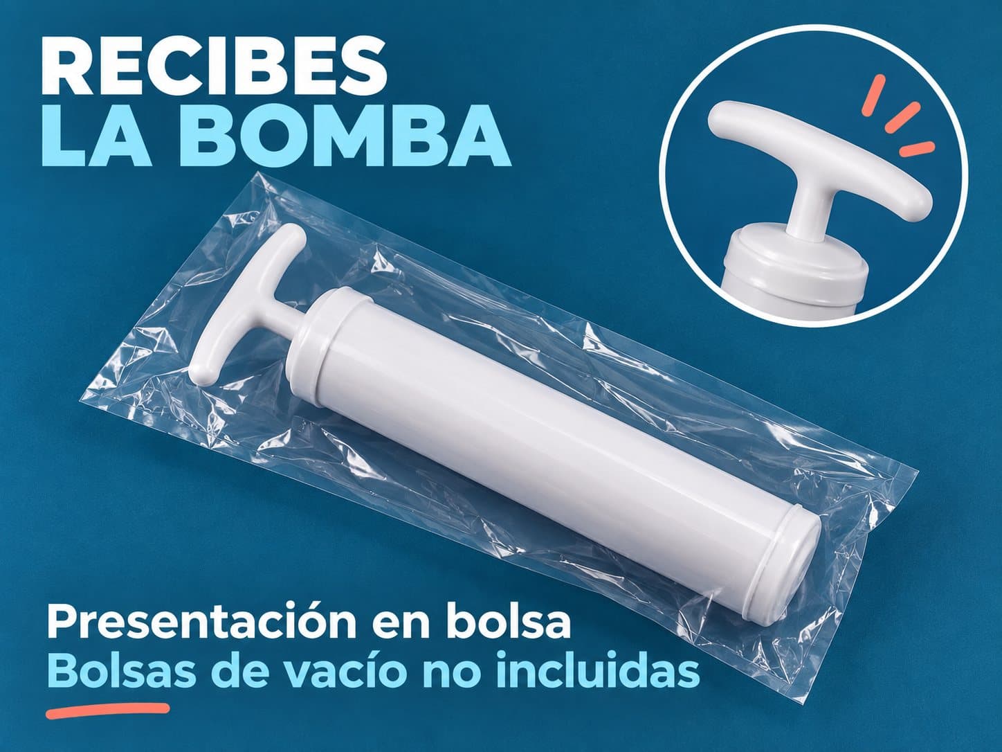 Bomba manual individual en bolsa de presentación; bolsas de vacío no incluidas.