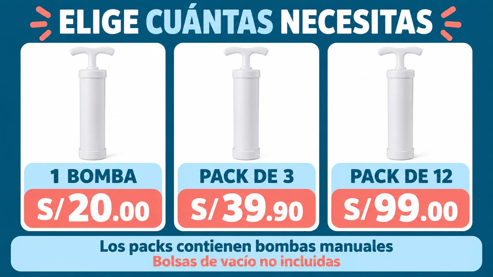 Oferta de bombas manuales: una a S/20.00, pack de tres a S/39.90 y pack de doce a S/99.00.
