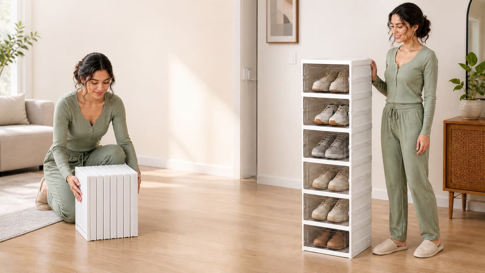 Modelo latinoamericana mostrando la zapatera plegada y luego armada