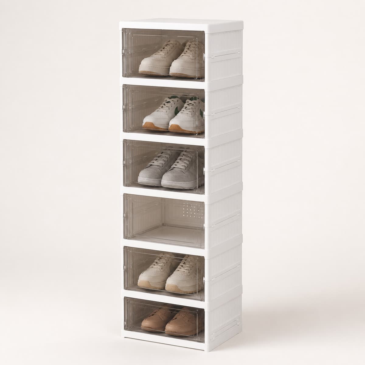 Zapatera blanca plegable de seis niveles con puertas transparentes