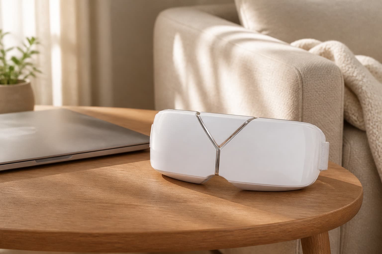Masajeador de ojos blanco junto a una laptop cerrada y una butaca