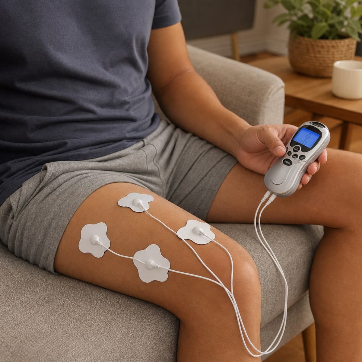 Persona sentada con electrodos en la pierna y el controlador en la mano