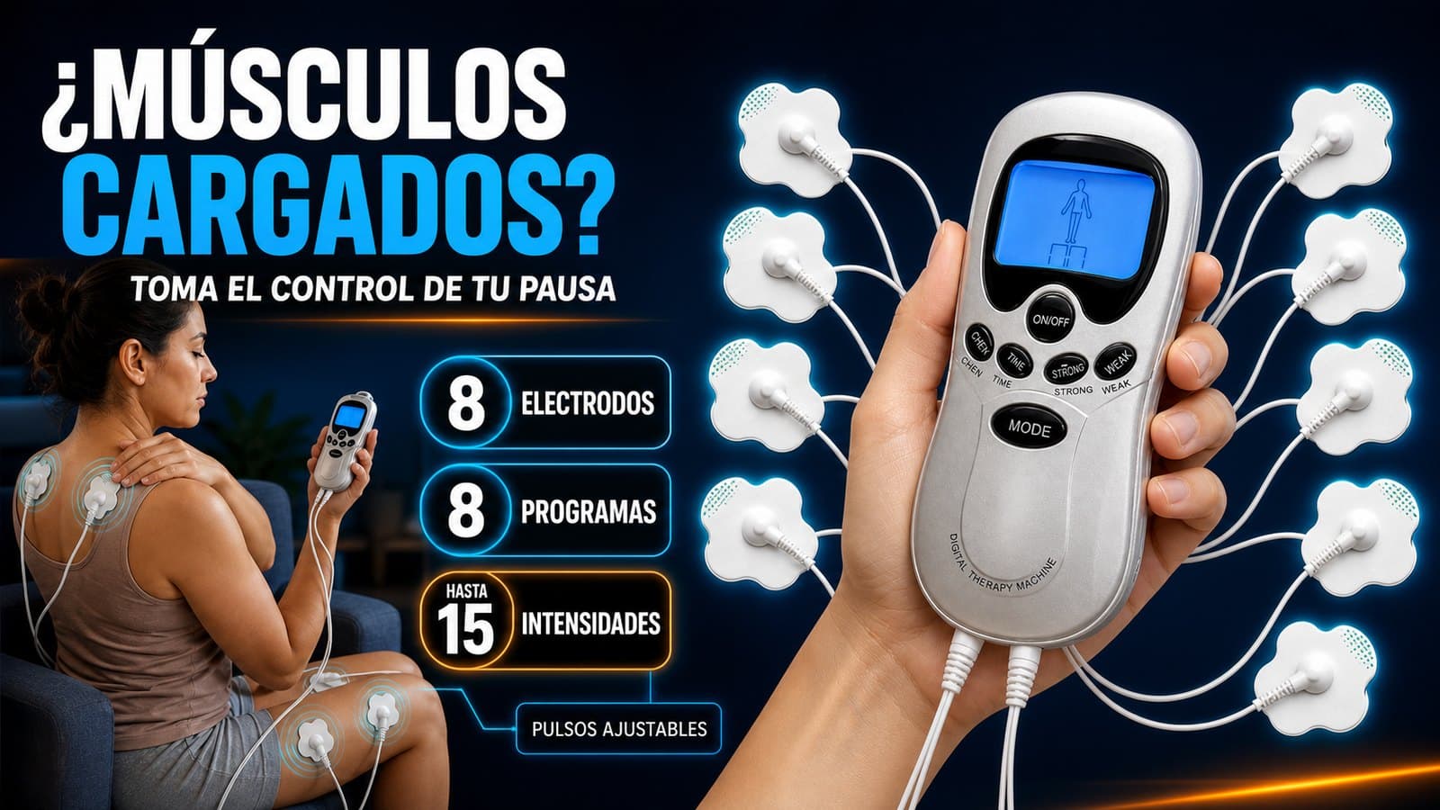 Infografía del electroestimulador con ocho electrodos, ocho programas y hasta quince intensidades